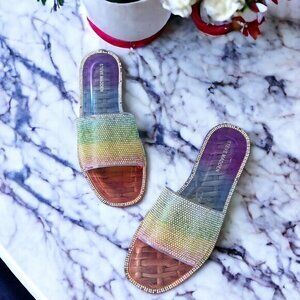 Steve Madden Joyous Rainbow Silver Rhinestone Slide Sandals Size 8